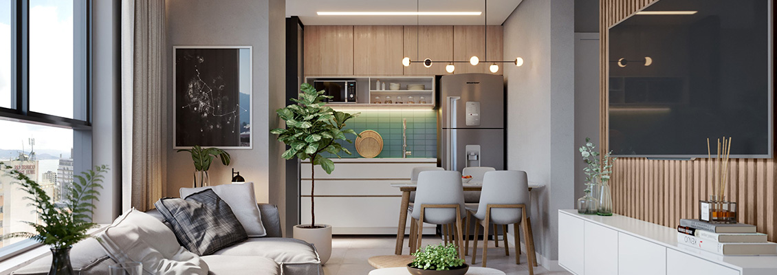 Imagem de uma sala de estar moderna integrada à cozinha, decorada com móveis elegantes, plantas verdes e iluminação suave, ideal para apartamentos urbanos.